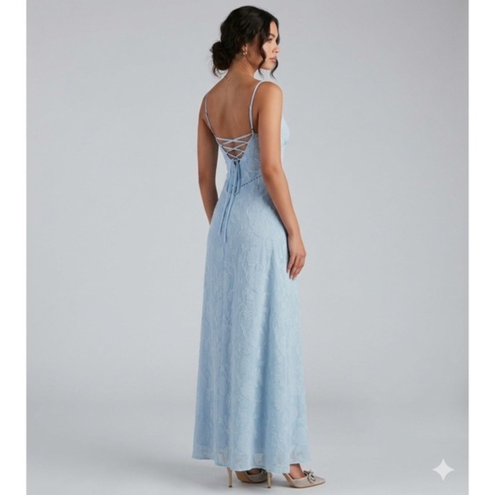 Princess Polly Light Blue Floral Jacquard Maxi Dress Lace Up Back US 4